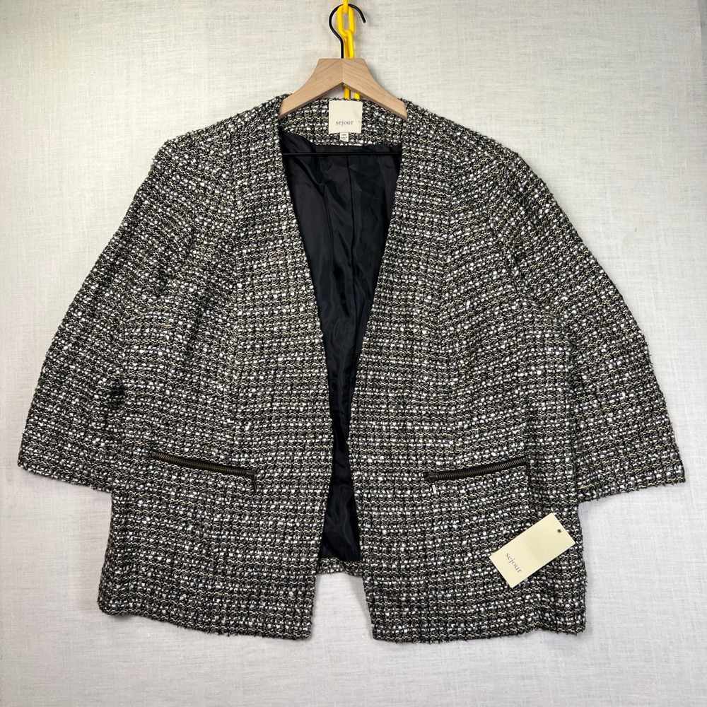 NWT‎ Sejour Tweed Blazer 20W  Womens Jacket Gray Textured Open Front ZIP POCKETS